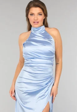 Lichtblauwe Geplooide Satin Jurk met Split