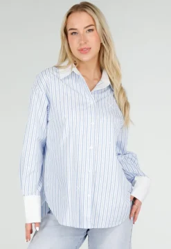 Lichtblauwe Gestreepte Blouse met Strass Steentjes en Lange Mouwen