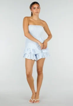 Lichtblauwe Gestreepte Strapless Playsuit met Gesmokte Taille en Ruches