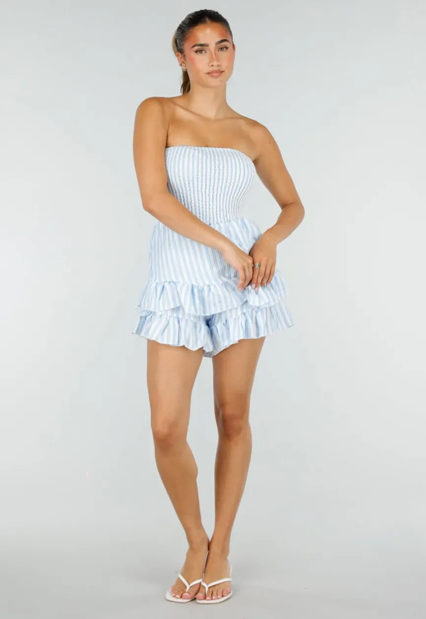 Lichtblauwe Gestreepte Strapless Playsuit met Gesmokte Taille en Ruches