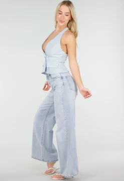 Lichtblauwe Gilet Top met Open Rug en Gouden Knopen