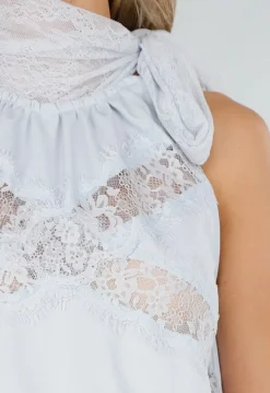 Lichtblauwe Halter Top met Kant, Strik en Open Schouders