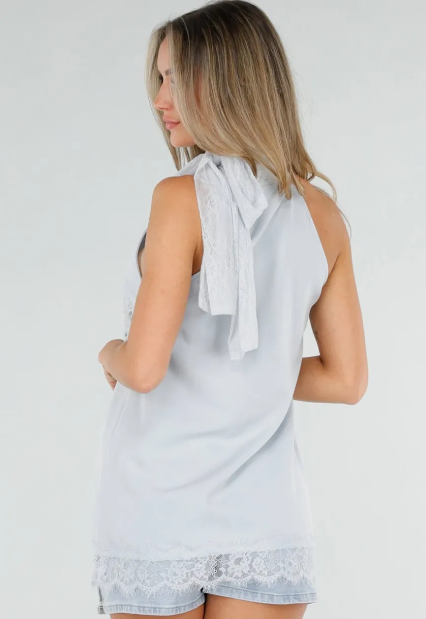 Lichtblauwe Halter Top met Kant, Strik en Open Schouders