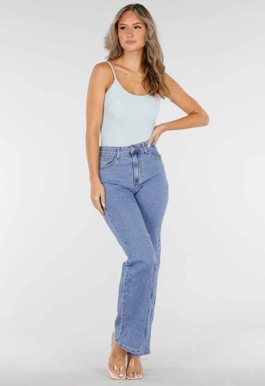 Lichtblauwe High Waist Jeans met Geruwde Hartjes