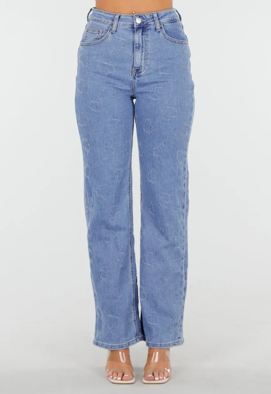 Lichtblauwe High Waist Jeans met Geruwde Hartjes