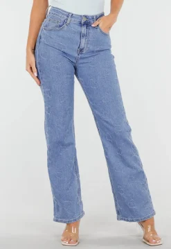 Lichtblauwe High Waist Jeans met Geruwde Hartjes