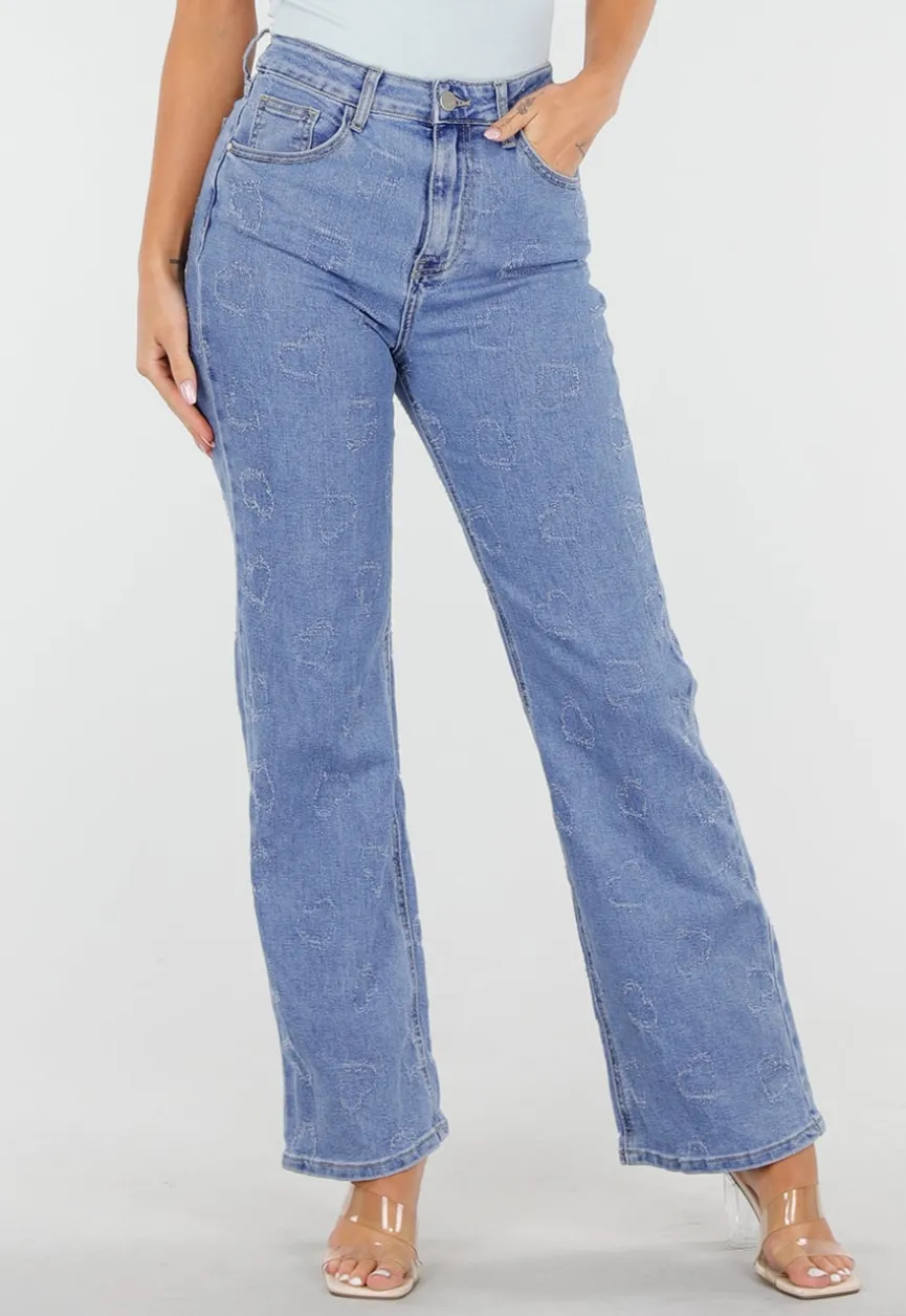 Lichtblauwe High Waist Jeans met Geruwde Hartjes