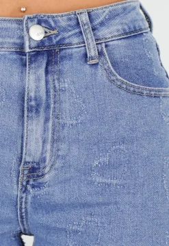 Lichtblauwe High Waist Jeans met Geruwde Hartjes