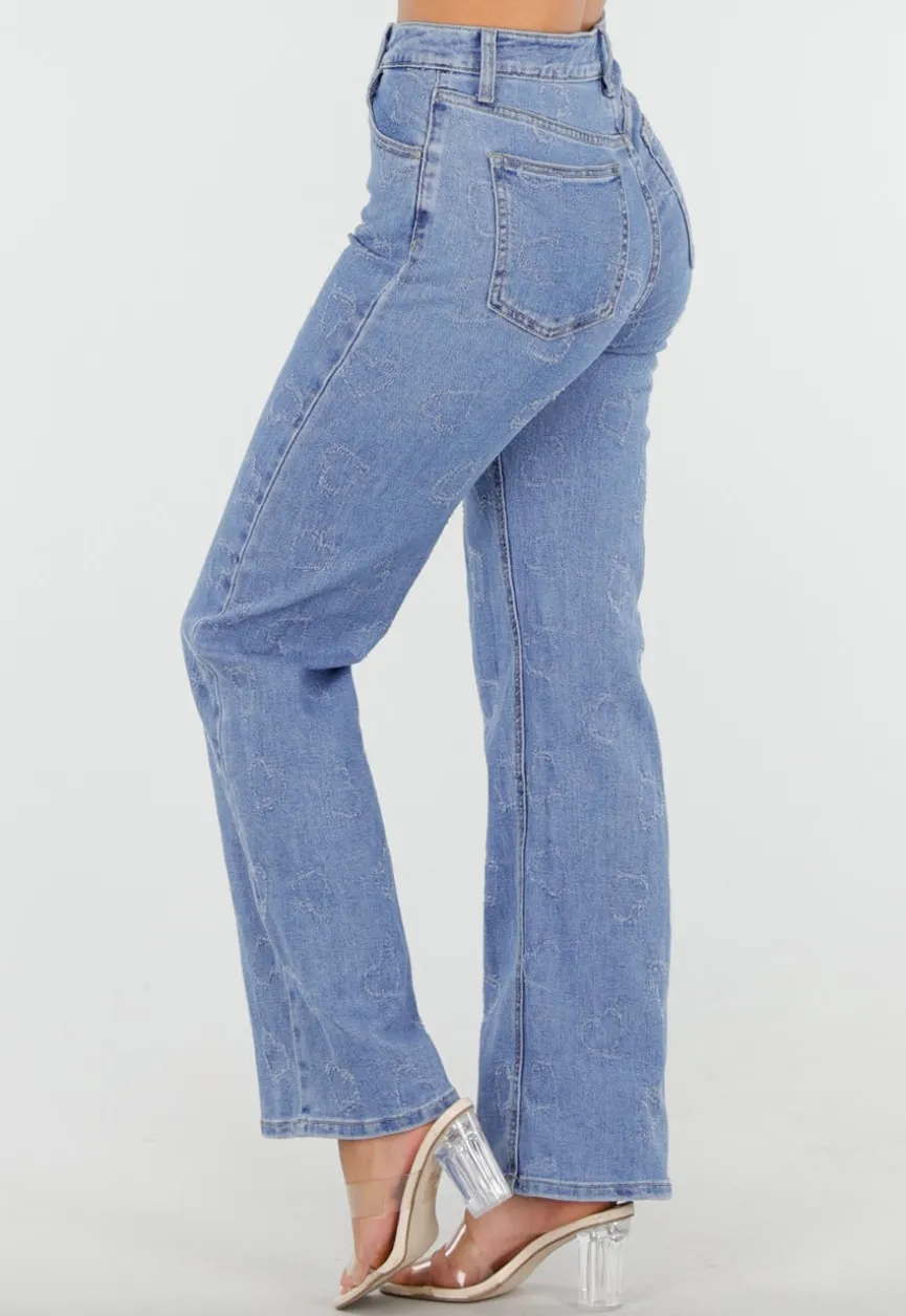 Lichtblauwe High Waist Jeans met Geruwde Hartjes