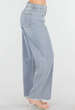 Lichtblauwe High Waist Wide Leg Jeans met Rafelige Onderkant