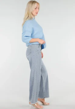 Lichtblauwe High Waist Wide Leg Jeans met Rafelige Onderkant