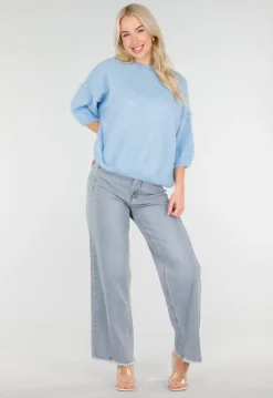 Lichtblauwe High Waist Wide Leg Jeans met Rafelige Onderkant