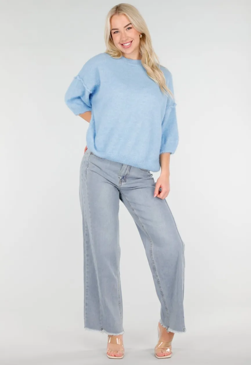 Lichtblauwe High Waist Wide Leg Jeans met Rafelige Onderkant