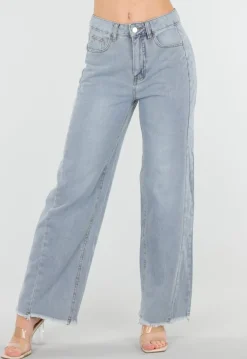 Lichtblauwe High Waist Wide Leg Jeans met Rafelige Onderkant