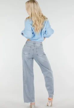 Lichtblauwe High Waist Wide Leg Jeans met Rafelige Onderkant