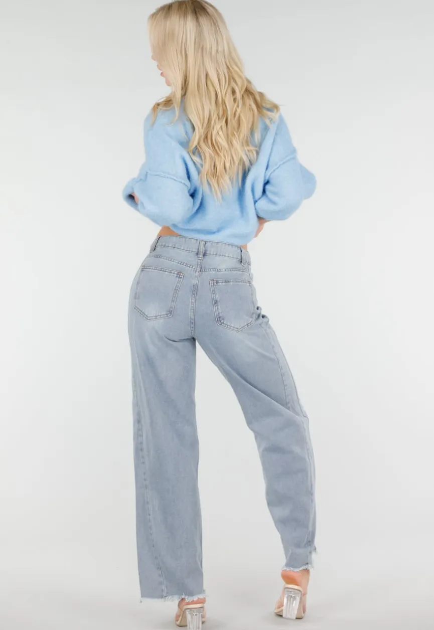 Lichtblauwe High Waist Wide Leg Jeans met Rafelige Onderkant