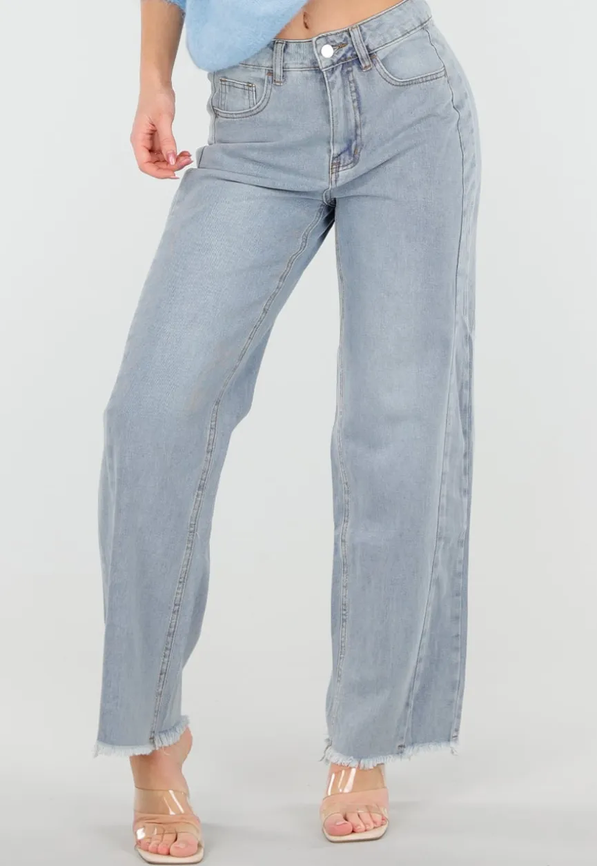 Lichtblauwe High Waist Wide Leg Jeans met Rafelige Onderkant