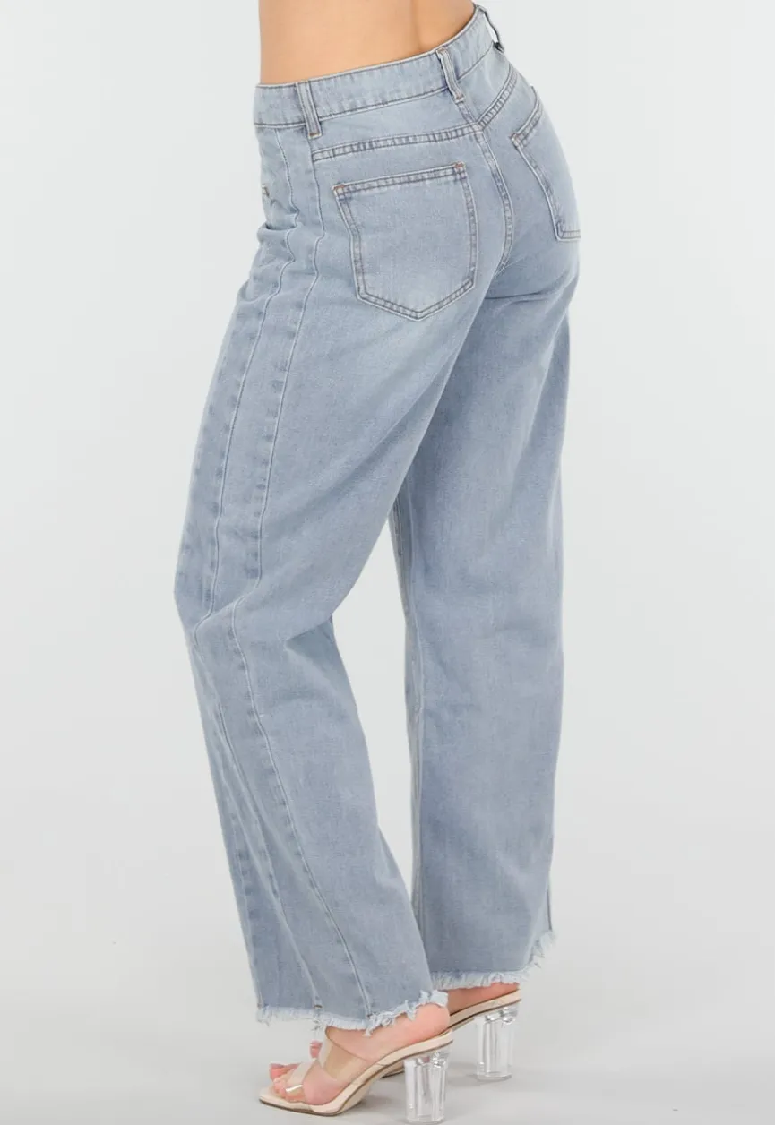 Lichtblauwe High Waist Wide Leg Jeans met Rafelige Onderkant