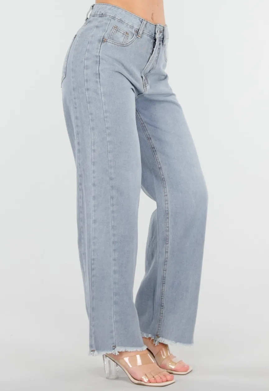 Lichtblauwe High Waist Wide Leg Jeans met Rafelige Onderkant