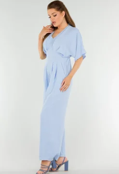 Lichtblauwe Jumpsuit met Wijde Pijpen en Lage V-Hals in Linnenlook