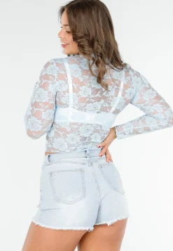 Lichtblauwe Kanten Langsleeve Crop Top met Mooie Rozenprint