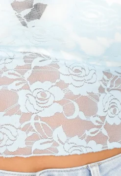 Lichtblauwe Kanten Langsleeve Crop Top met Mooie Rozenprint