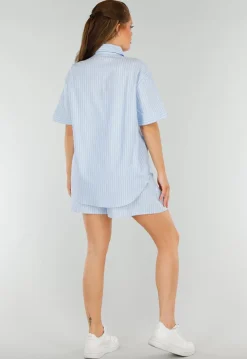 Lichtblauwe Katoenen Set met Blouse en Short met Zakken