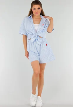 Lichtblauwe Katoenen Set met Blouse en Short met Zakken