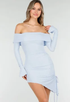 Lichtblauwe Korte Off Shoulder Bodycon Jurk met Stretch
