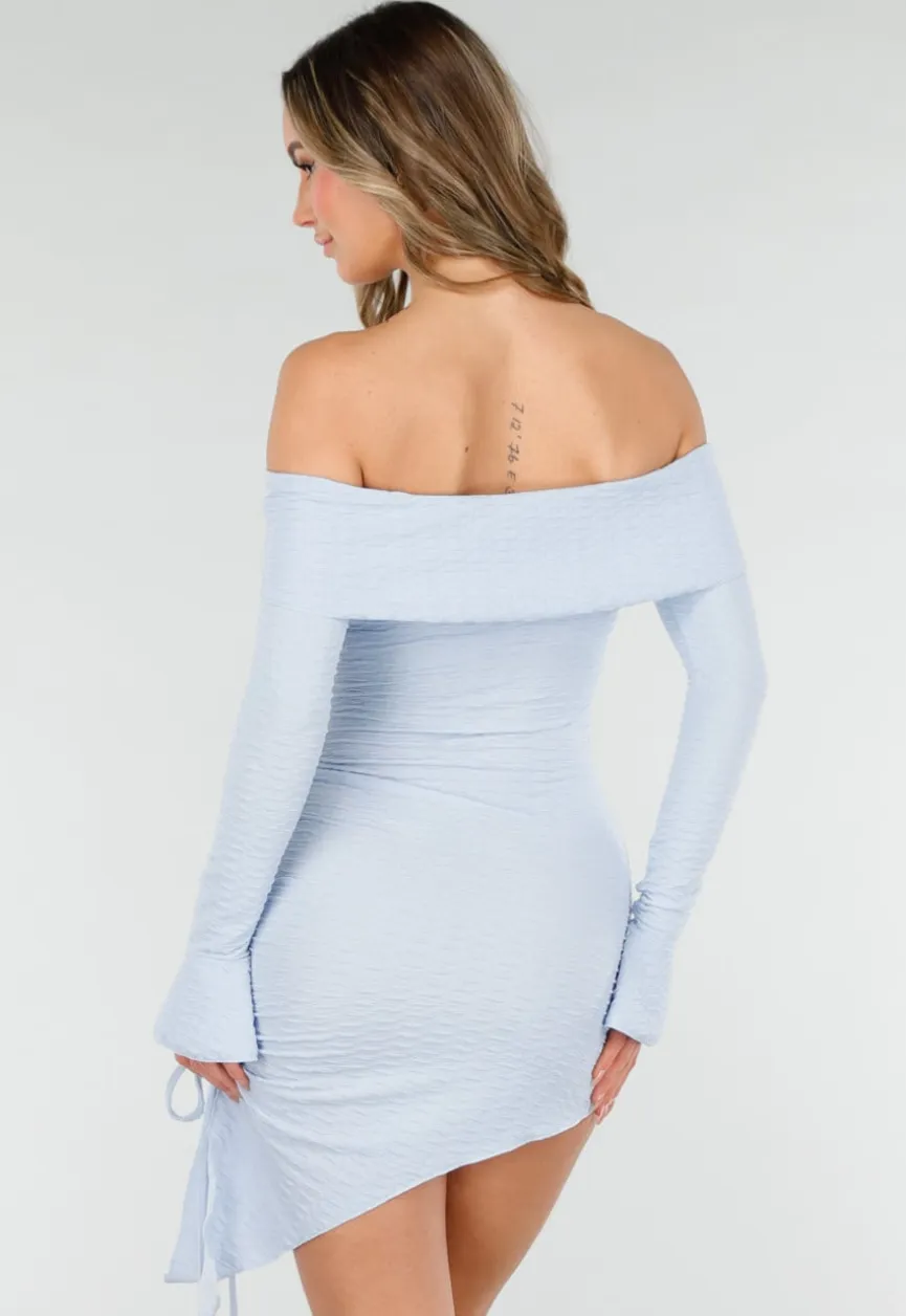 Lichtblauwe Korte Off Shoulder Bodycon Jurk met Stretch