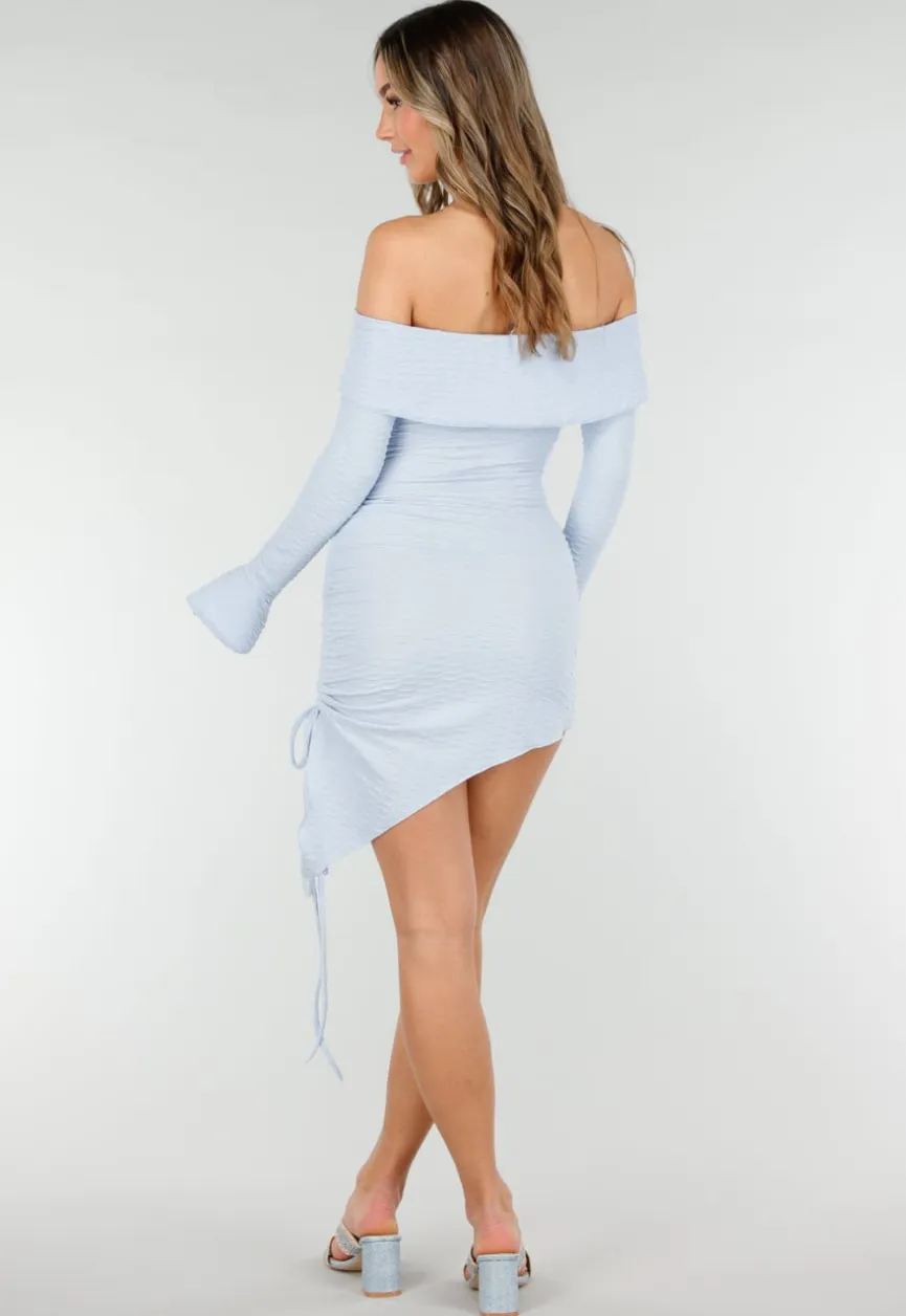 Lichtblauwe Korte Off Shoulder Bodycon Jurk met Stretch