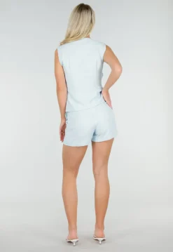 Lichtblauwe Linnenlook Gilet Top met Overslag en Striksluiting