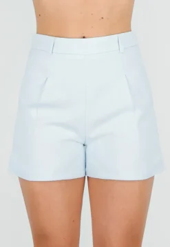 Lichtblauwe Linnenlook Short met Plooien en Rechte Pijpen