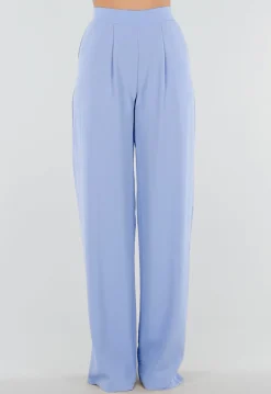 Lichtblauwe Linnenlook Tall Wide Leg Pantalon met Hoge Taille en Plooien