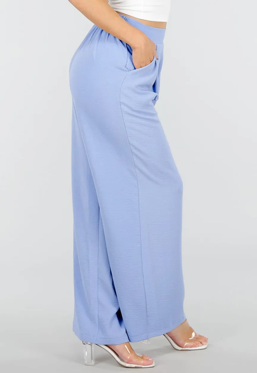 Lichtblauwe Linnenlook Wide Leg Pantalon met Hoge Taille en Plooien