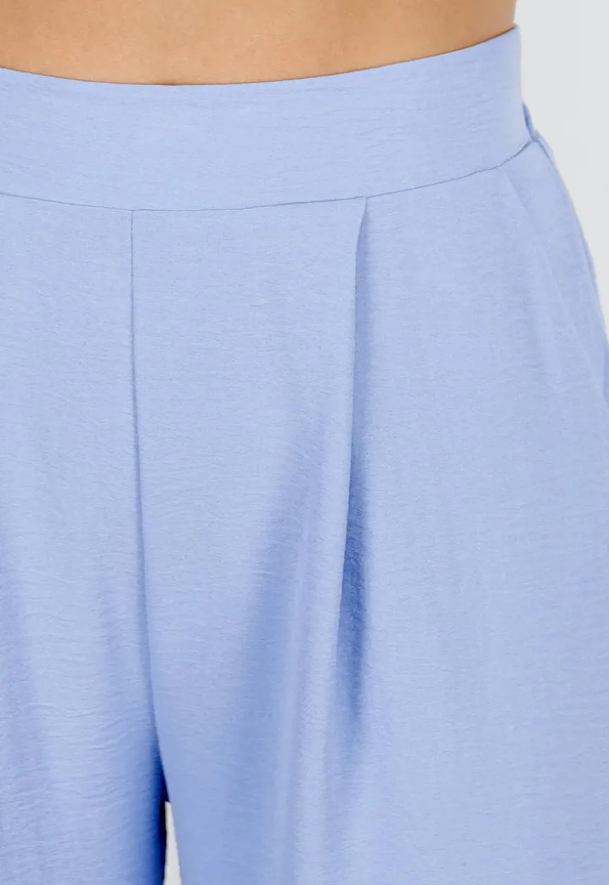 Lichtblauwe Linnenlook Wide Leg Pantalon met Hoge Taille en Plooien