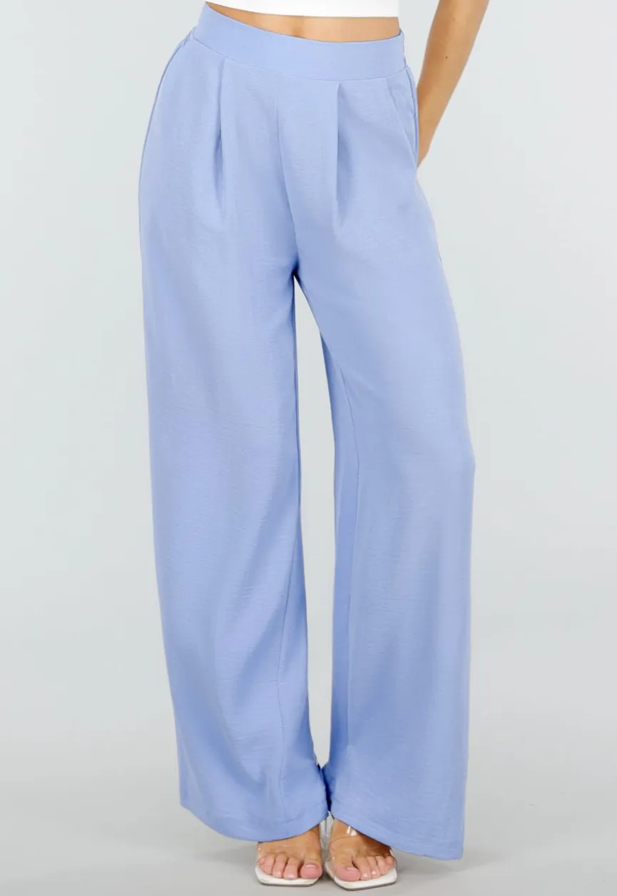 Lichtblauwe Linnenlook Wide Leg Pantalon met Hoge Taille en Plooien