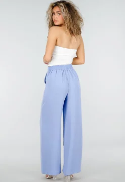 Lichtblauwe Linnenlook Wide Leg Pantalon met Hoge Taille en Plooien