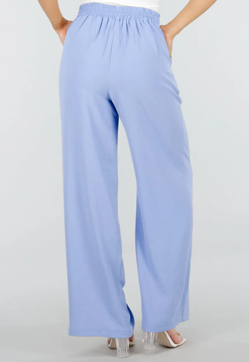 Lichtblauwe Linnenlook Wide Leg Pantalon met Hoge Taille en Plooien