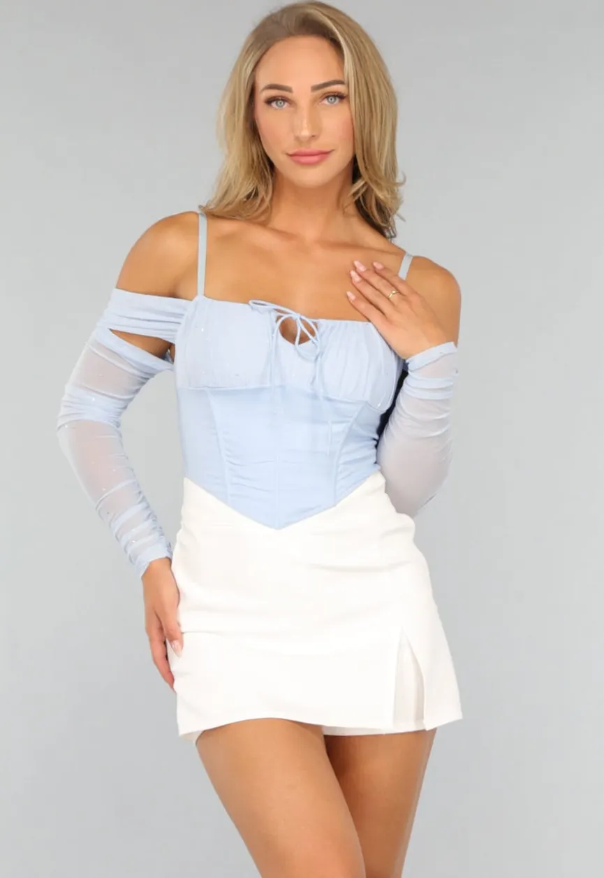 Lichtblauwe Longsleeve Glitter Korset Top