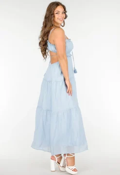 Lichtblauwe Maxi Jurk met Spaghettibandjes en Rimpeldetails
