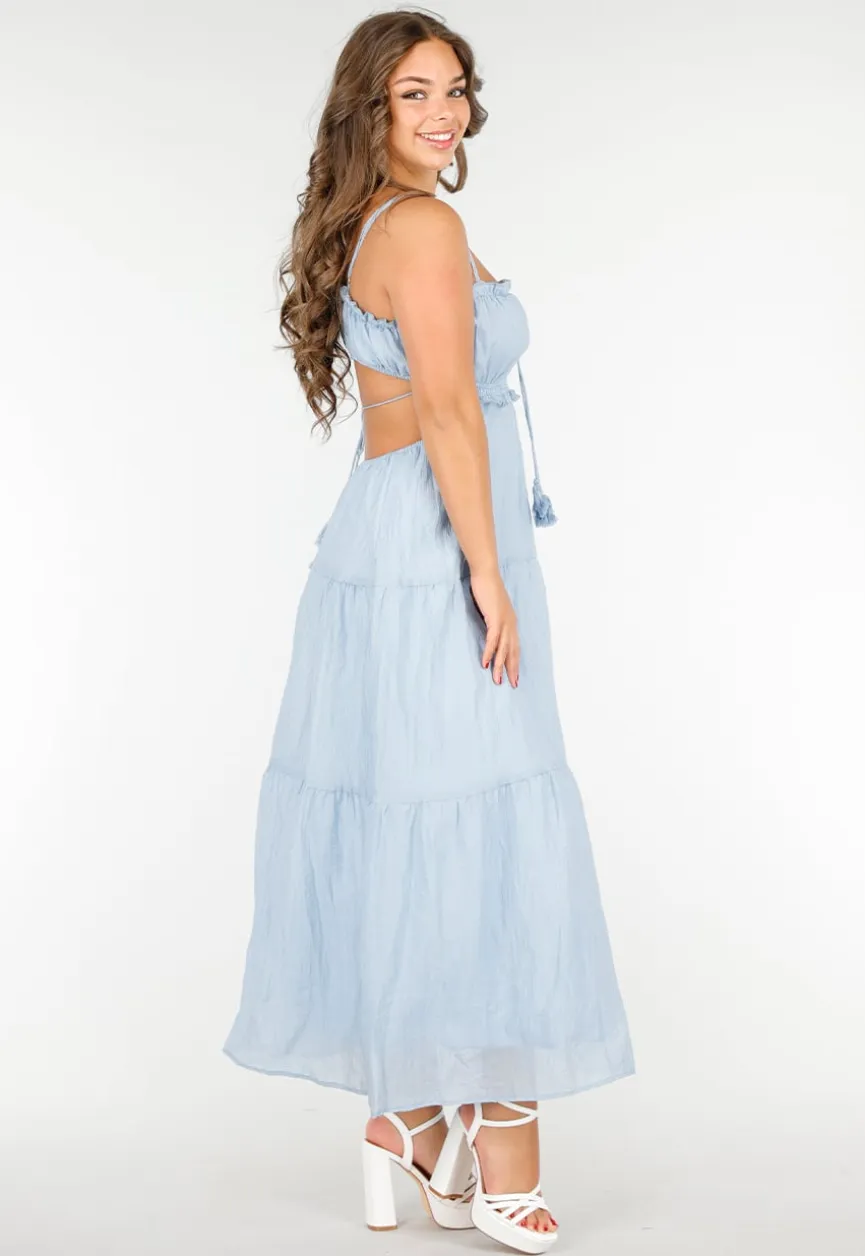 Lichtblauwe Maxi Jurk met Spaghettibandjes en Rimpeldetails