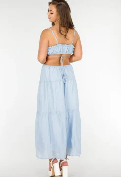 Lichtblauwe Maxi Jurk met Spaghettibandjes en Rimpeldetails