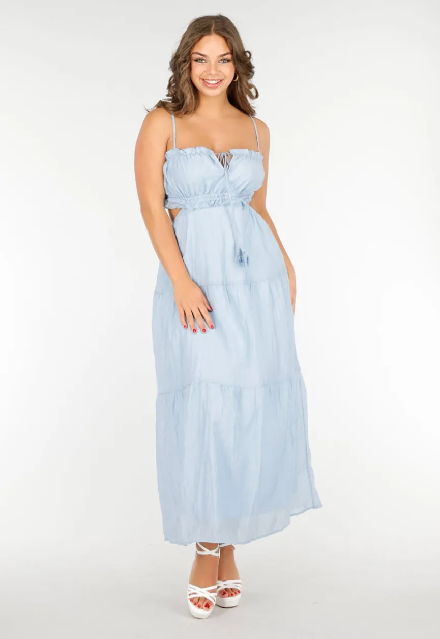 Lichtblauwe Maxi Jurk met Spaghettibandjes en Rimpeldetails
