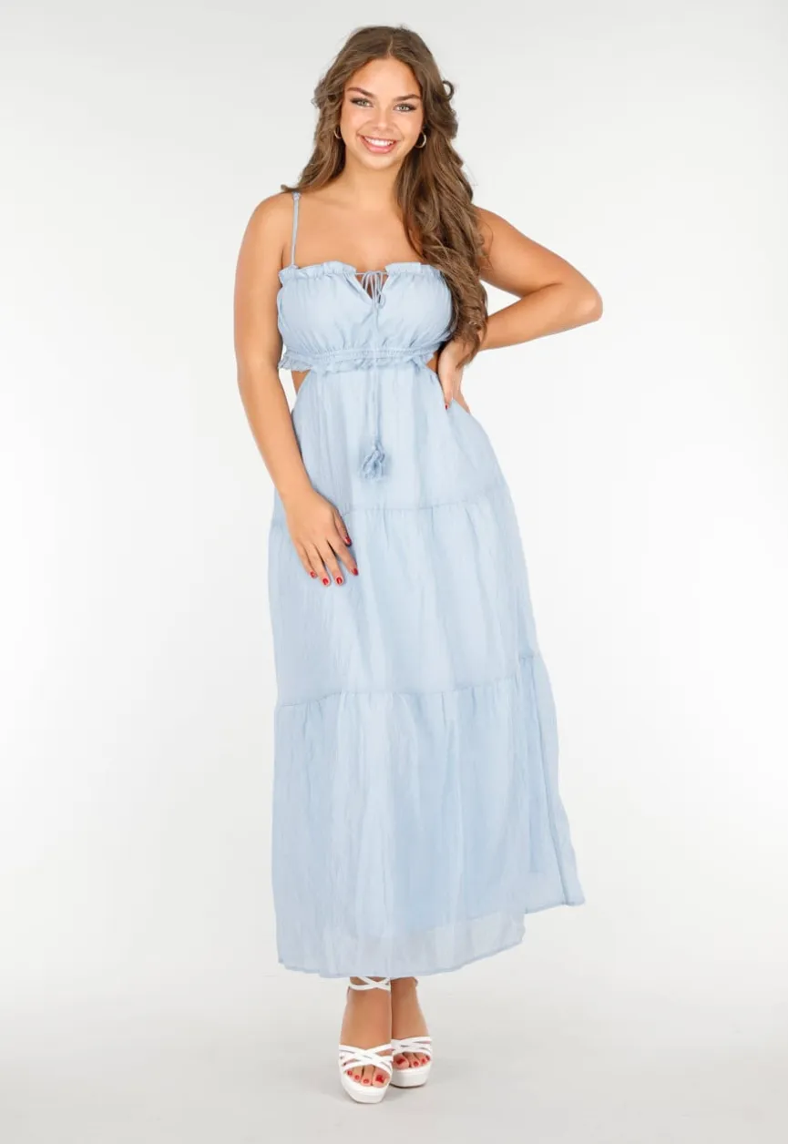 Lichtblauwe Maxi Jurk met Spaghettibandjes en Rimpeldetails