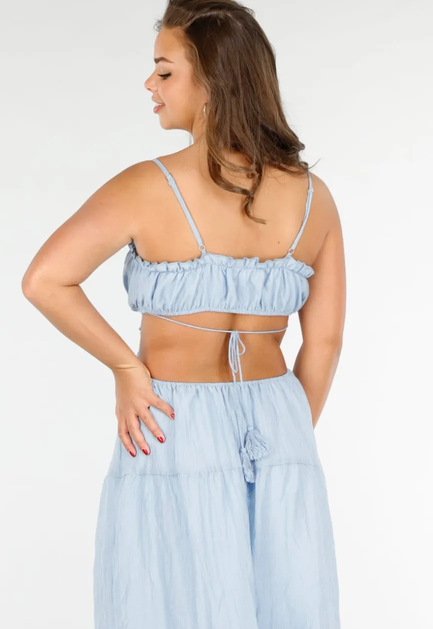 Lichtblauwe Maxi Jurk met Spaghettibandjes en Rimpeldetails