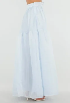 Lichtblauwe Maxi Rok met Strikceintuur en Volant