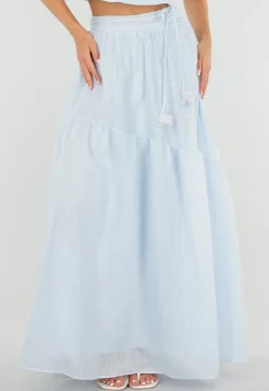 Lichtblauwe Maxi Rok met Strikceintuur en Volant