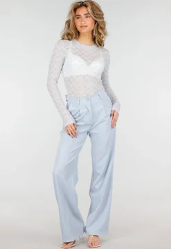 Lichtblauwe Mesh Body met Lange Mouwen met Stretch
