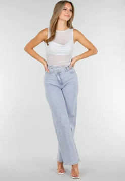 Lichtblauwe Mesh Crop Top met Rimpeldetail en Stretch